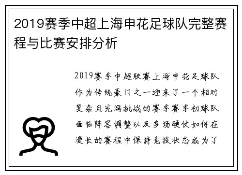 2019赛季中超上海申花足球队完整赛程与比赛安排分析