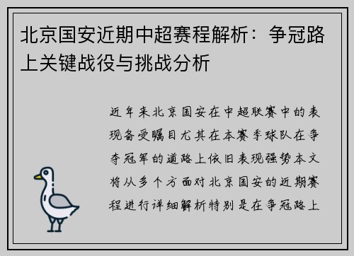 北京国安近期中超赛程解析：争冠路上关键战役与挑战分析