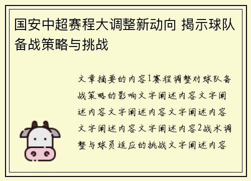 国安中超赛程大调整新动向 揭示球队备战策略与挑战